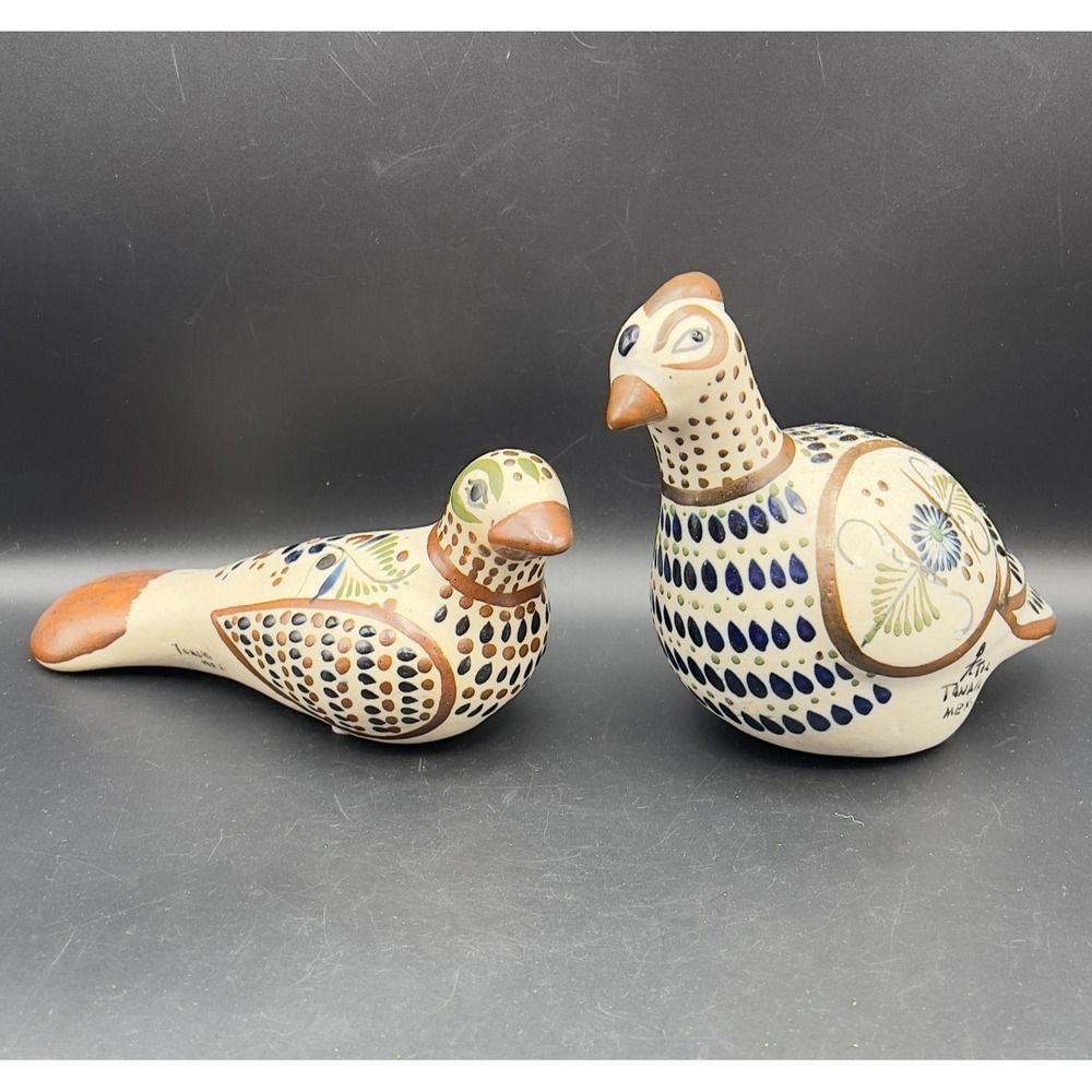 Tonala Mexican Pottery Birds Dove & Quail Figurine Hand-Painted Signed Set of 2
